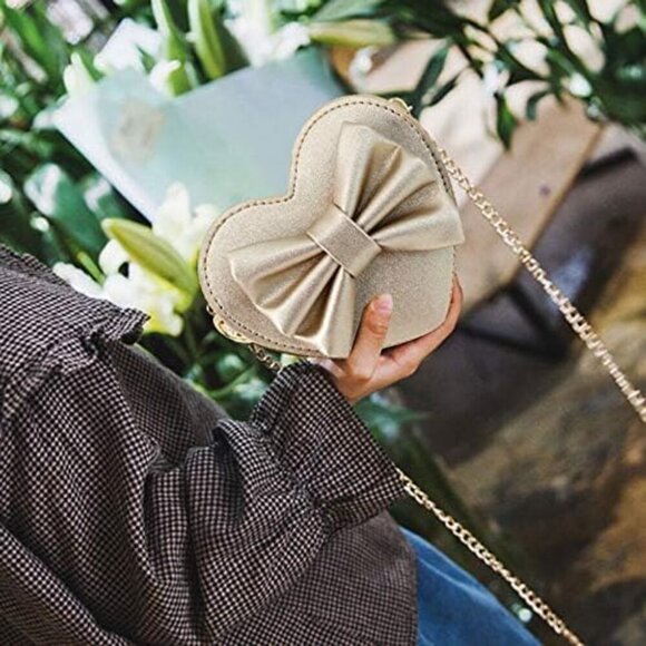 Girls Heart Shape Bowknot Mini Purse Crossbody Wallet Beige Gold Cute Compact Gi - Picture 2 of 7